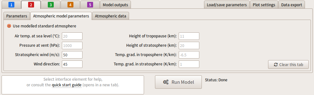 Tab 2 Atmospheric model parameters box